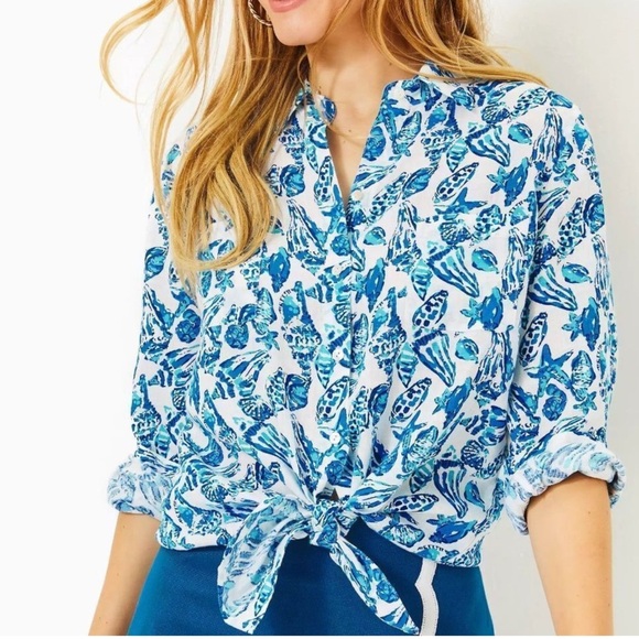 Lilly Pulitzer Tops - Lilly Pulitzer Women's Sea View Linen Button Down Top Shell Collector sz. Large